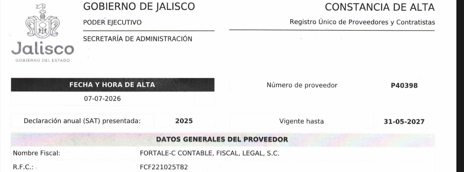 Constancia de Alta — Registro Único de Proveedores del Estado de Jalisco
