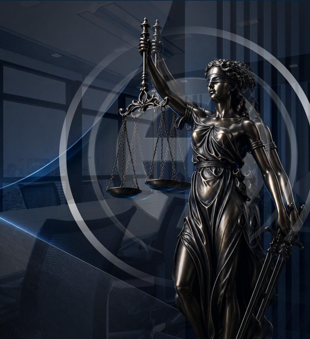 Estatua de la justicia con balanza en oficina corporativa